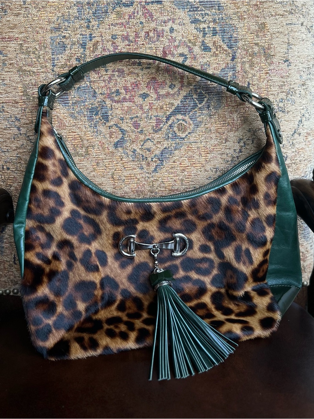 My Flat in London Leopard Print Green Leather Hobo Bag